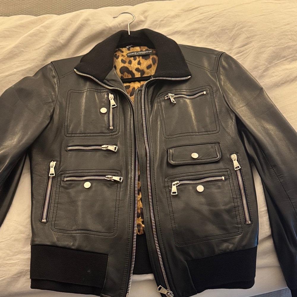 Dolce & Gabbana Black Leather Bomber Jacket with Leopard Accents
